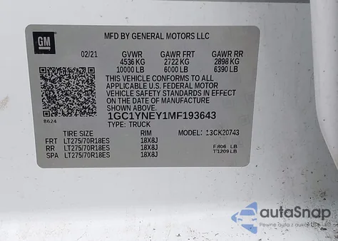 2021 Chevrolet Silverado 2500Hd 4Wd Standard Bed Lt from USA, damaged, VIN 1GC1YNEY1MF193643